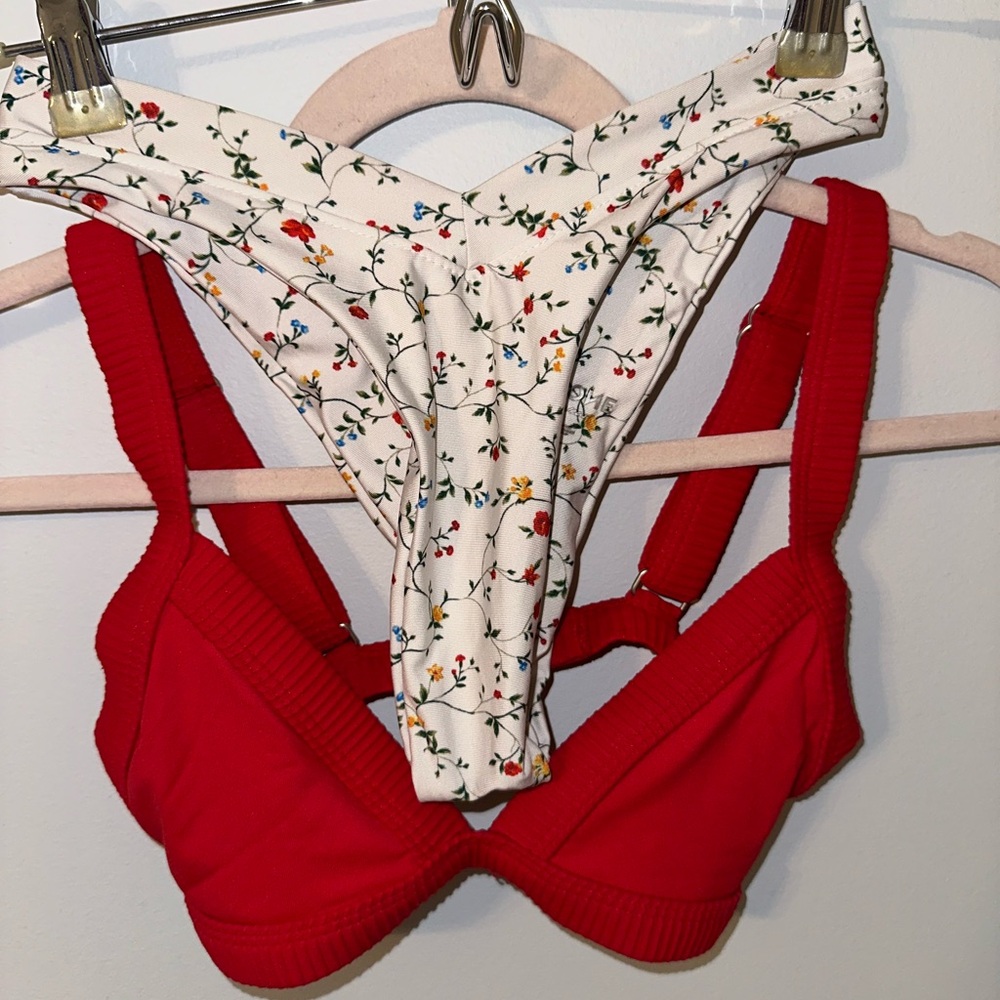 One One Swim Red Bikini Top and Floral Bottom Set